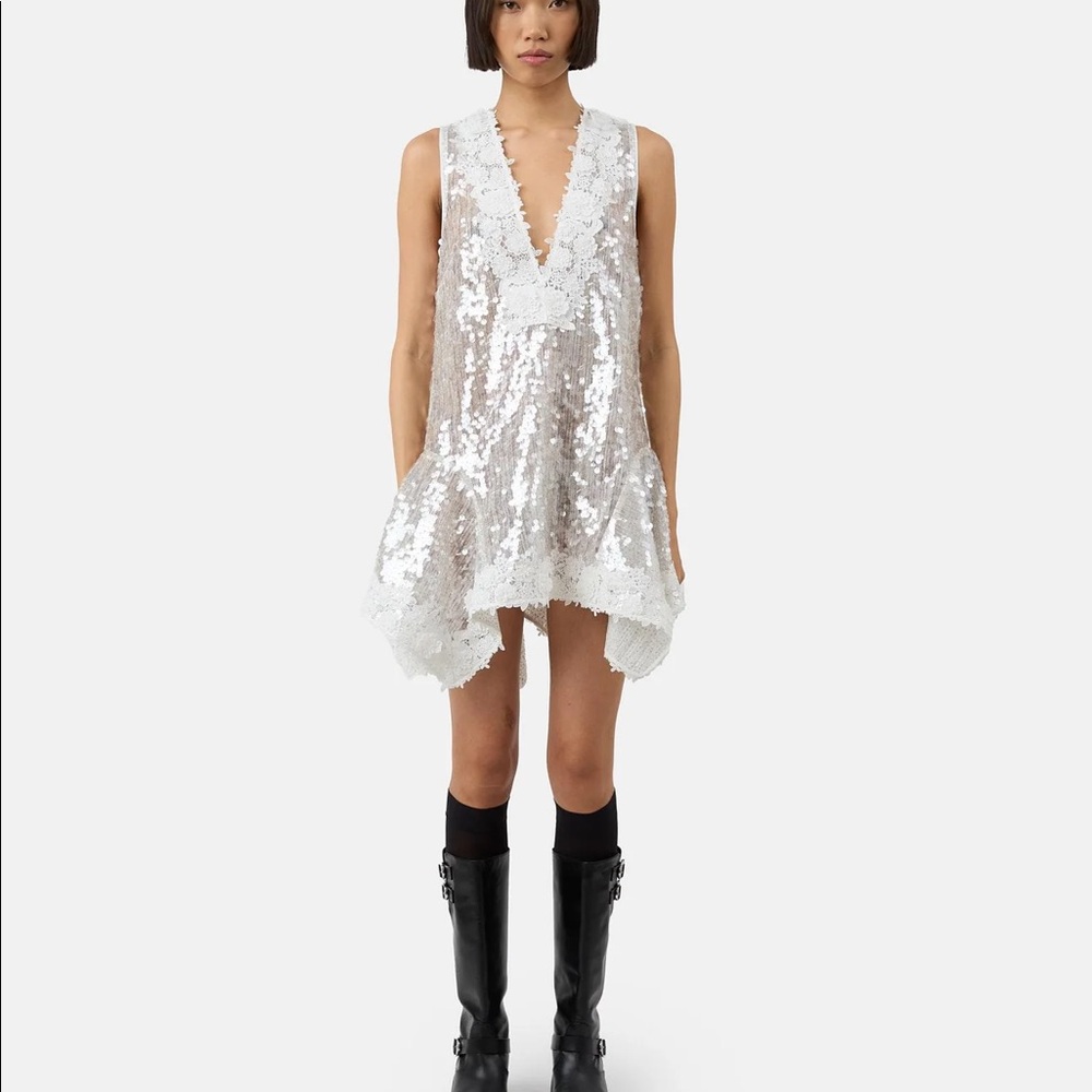 NWT Aknvas white/silver sequin and lace dress